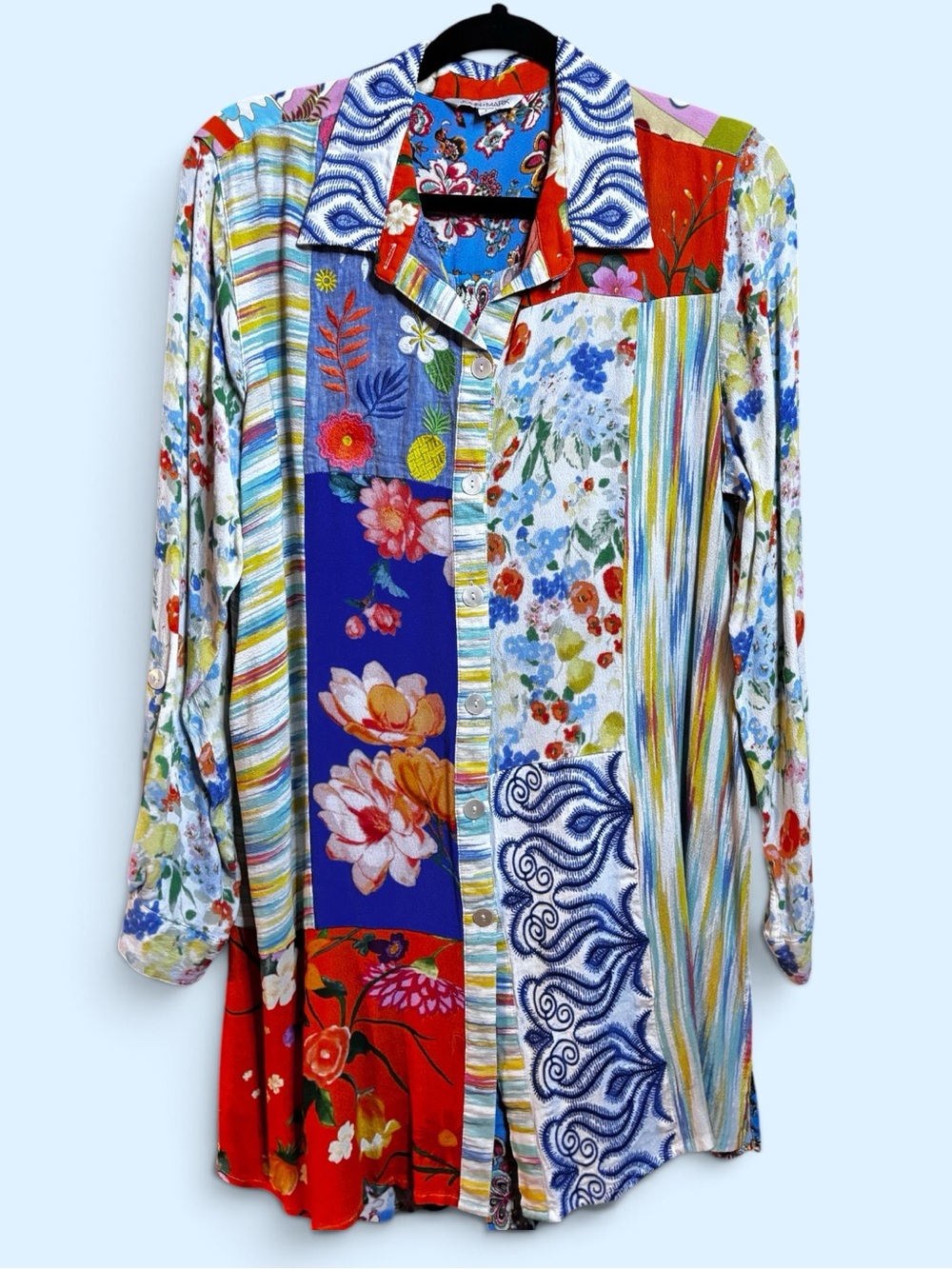 John Mark Multi patch collared tunic blouse top size L, long sleeve button cuffs